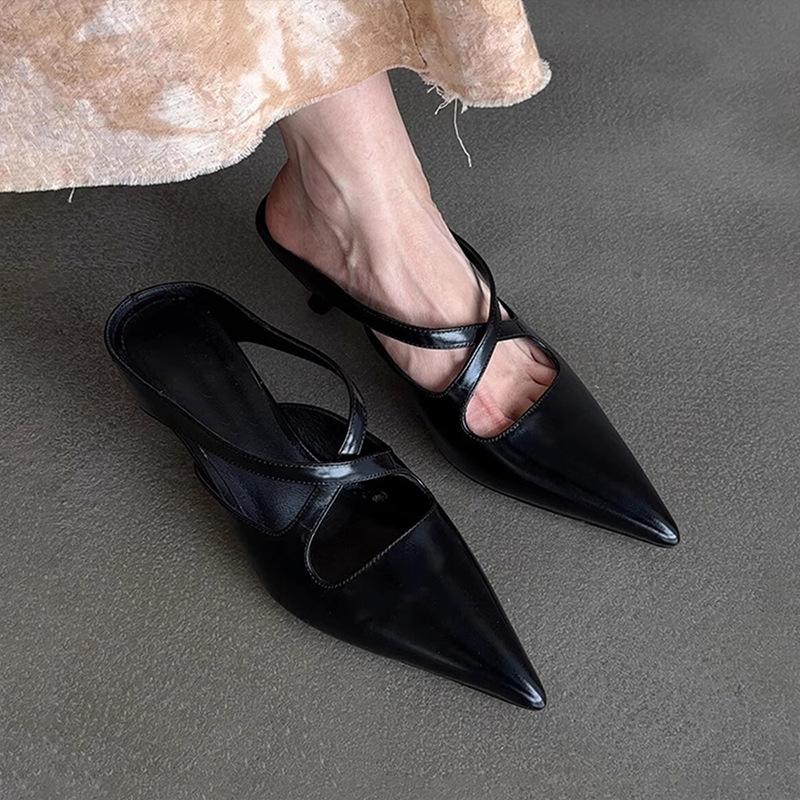 

Fashion Elegant Leather Muels Sandals Women Sexy Pointy Toe Cross Strap Design Slide Sandals Luxury Party Dress Heels Sandalias De Mujer 35 чорний