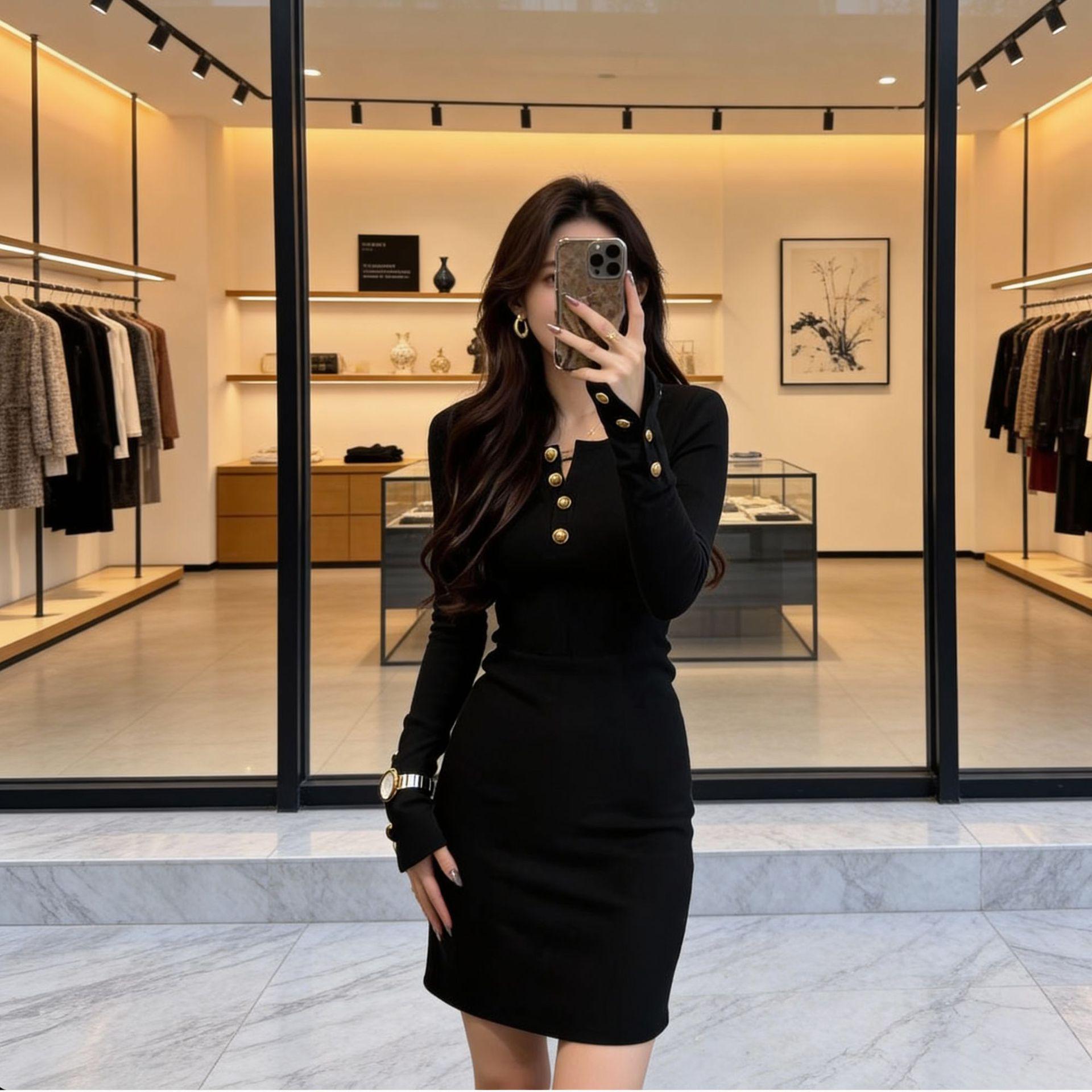 Spring 2026 Petite Women s Black Slimming Knit Wool Dress - Short, Flattering Base Layer S чёрный
