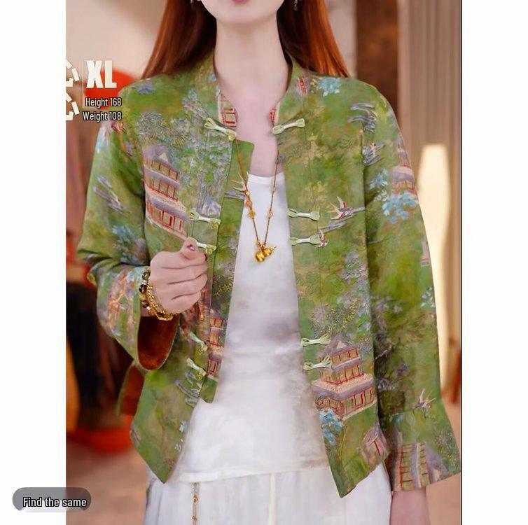 

Женский ретро-жаккардовый топ в стиле костюма Тан Xiangyun Silk со стоячим воротником и пуговицами-«лягушками» - Новогоднее издание 2XL110-125catty зелёный