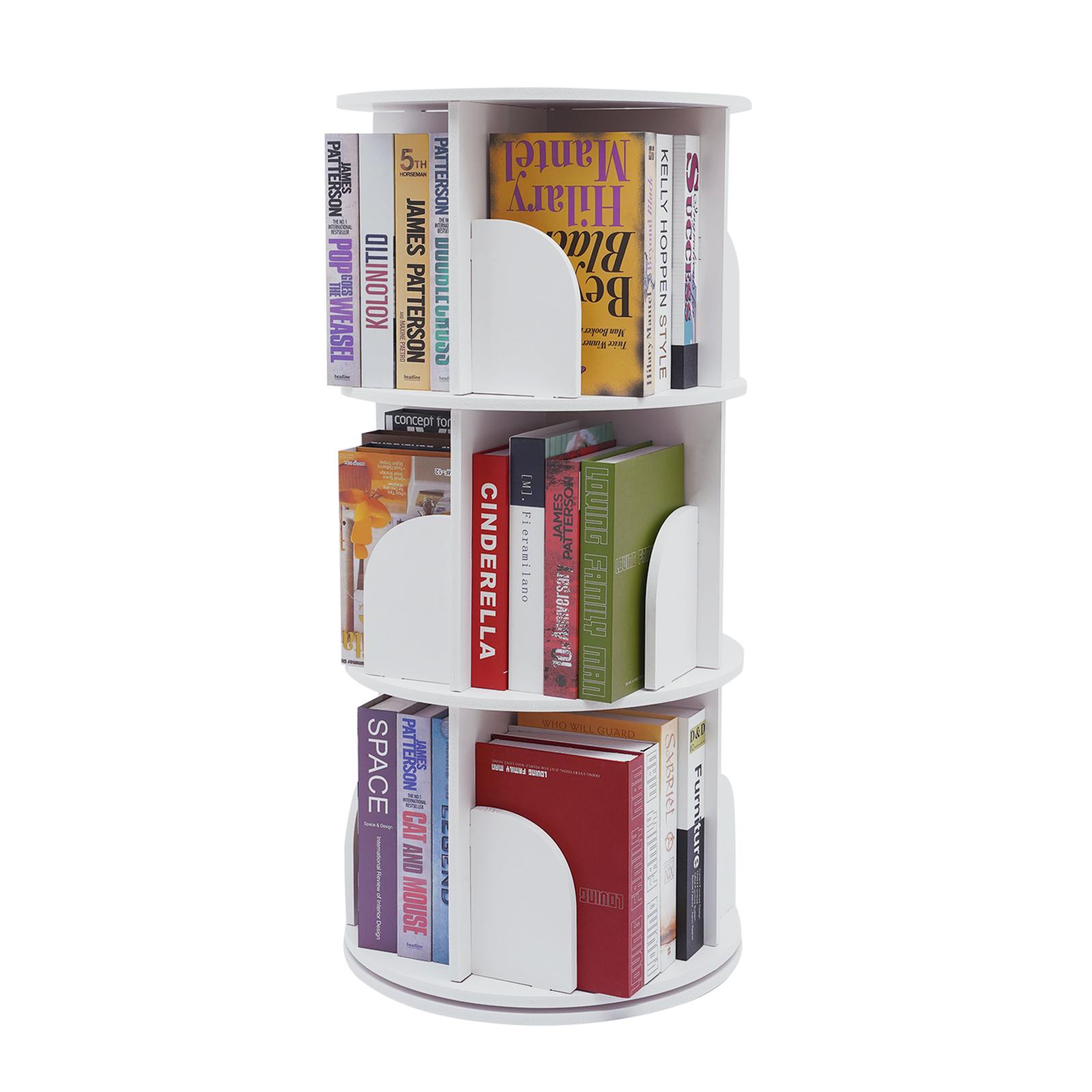 3-ярусная вращающаяся книжная полка, 360-градусная вращающаяся книжная полка-витрина, штабелируемый книжный органайзер, поворотная круглая книжная полка для спальни белый
