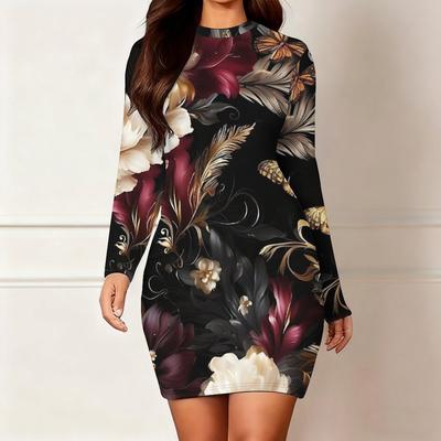 2025 Herfst en Winter Nieuw 3D Bloemenprint en Verven Damesmode Lange Mouw Ronde Hals Heupomsluitende Jurk Valentijnsdag Limited
