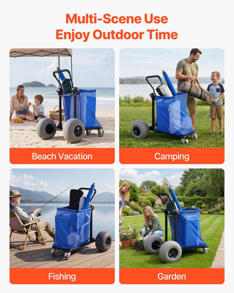 Beach Cart with Large Wheels for Sand, 75 kg Load Capacity, Heavy Duty Folding Beach Wagon with 320 mm Balloon Wheels, Storage Bag, 180° Adjustable