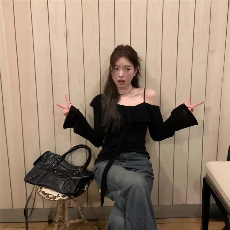 

Spicy Girl Black Ruffle Off-Shoulder T-Shirt: Chic Spring/Summer 2024 Cold-Shoulder Camisole M чёрный