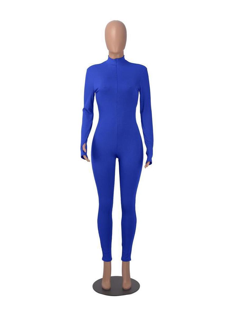 Women's Ribbed Elastic Slim-fit Long Sleeve Sport Yoga Jumpsuit with Invisible Zipper