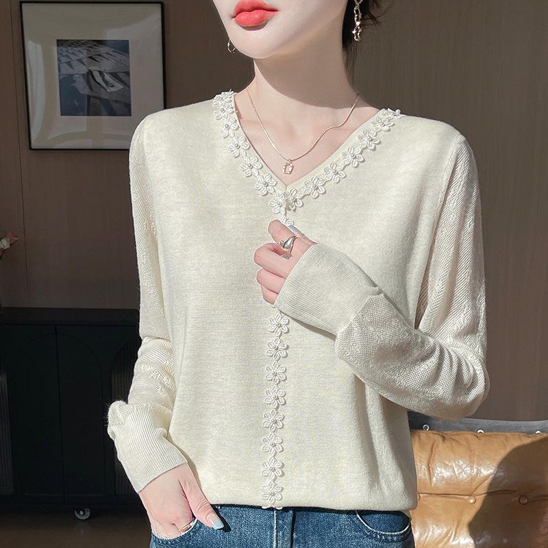 

Прозрачный рукав V-образный вырез трикотаж: Весенне-летняя ажурная женская универсальная база для элегантного стиля мамы M бежевый