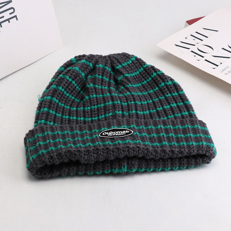 New Korean Version of Versatile Knitted Hat for Women's Trendy Warm Striped Wool Hat Big Head Ear Protection Cold Hat