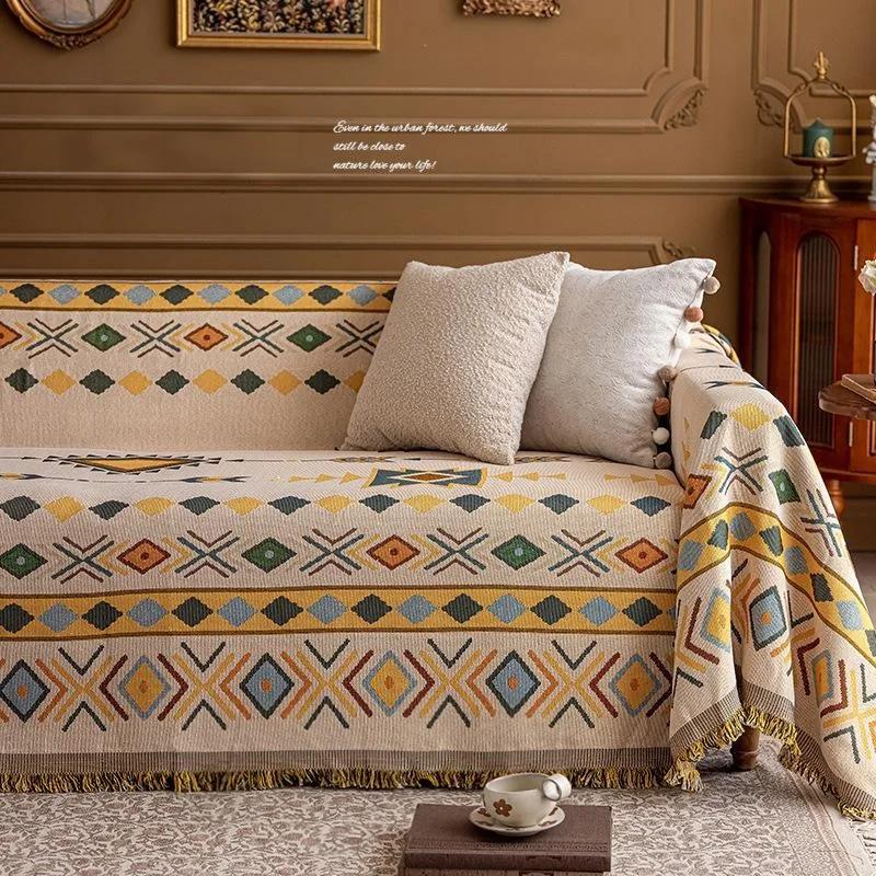 Retro Oil Painting Design Sofa Towel All Season Universal for Living Room Home Decor Tassel Sofa Cover Cloth Flowers Couch Towel