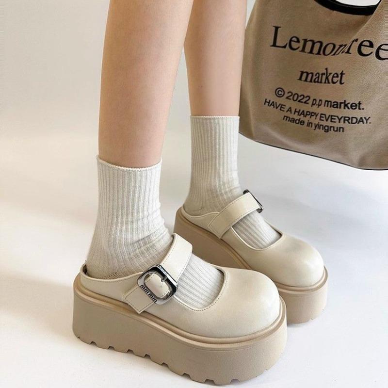 Academy style small leather shoes spring and summer new thick-soled heightening single shoes retro one-word buckle Mary Jane half slippers