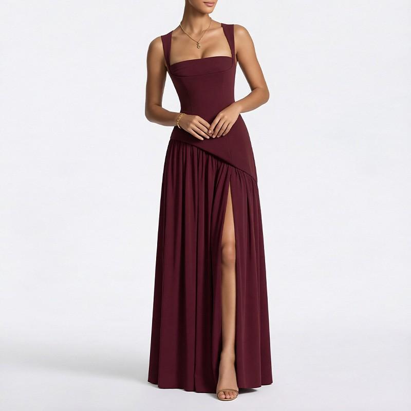 2026 Women's Clothing Fashionable Temperament Pure Color Pleated Split Dress