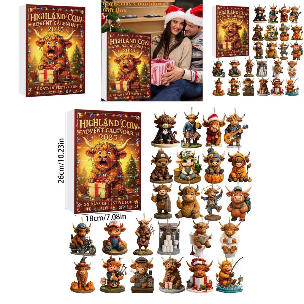 Highland Cattle Christmas Advent Calendar Acrylic Hanging Decorations For Holiday Party Gifts