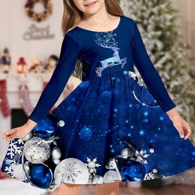 Robe d'automne décontractée pour filles, imprimé d'élan de noël en 3D, col rond, manches longues, robe de princesse pour enfants