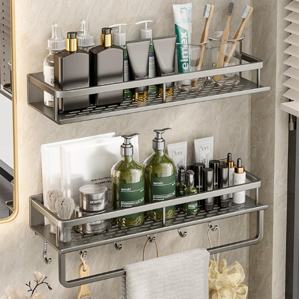 50cm Bathroom Storage Rack with Hooks and Towel Bar Wall Mounted No Drill Ventilated Draining Organizer