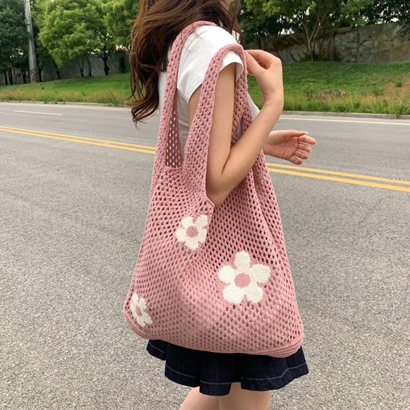 Nowa Prosta Retro Torba na Ramię Torebka dla Kobiet Moda Słodki Kwiat Ażurowa Torba Tote Duża Pojemność Damska Torba na Zakupy