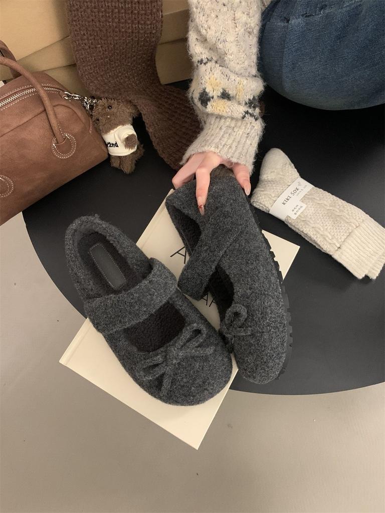 Xiaoxiangfeng bow gray inner heightening fleece Birkenstocks thick-soled Mary Jane light-mouth fluffy shoes