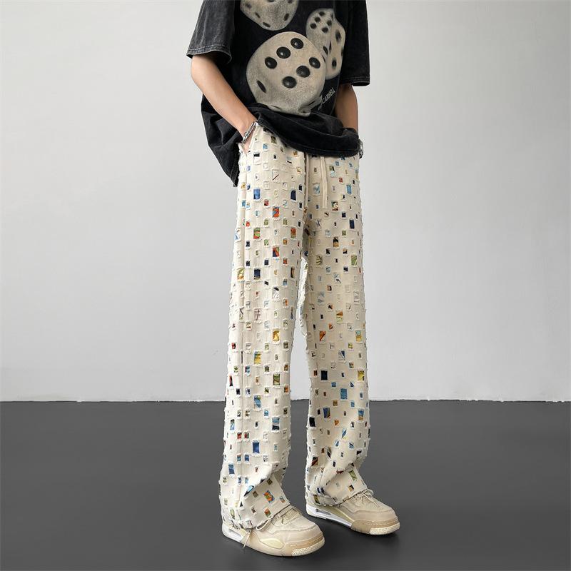 Pantaloni Uomo Moda Retrò Colorati a Quadri Pantaloni Uomo Streetwear Hip-hop Larghi con Fori Pantaloni Uomo M-3XL