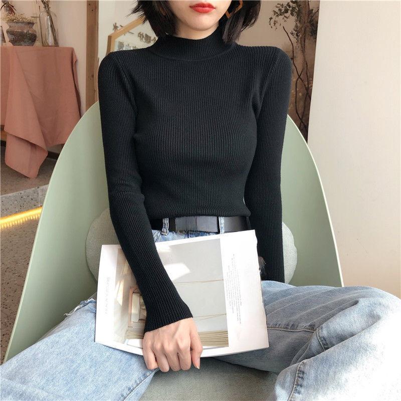 Autumn Winter Women's Stretch Knitted Sweater  Half Turtleneck Jumper Tight Short Knitted Bottoming Shirt Pullover Jumper Knitted Tops