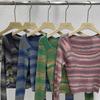 Nuevo Suéter de Punto Retro Cuadrado a Rayas Arcoíris de Otoño, Suéter Básico de Manga Larga para Mujer, Top Corto Ajustado
