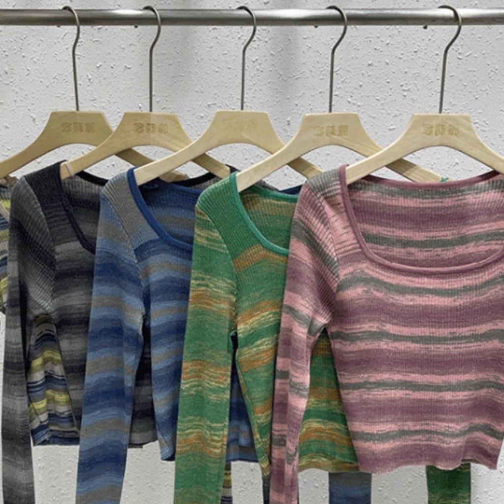 Nuevo Suéter de Punto Retro Cuadrado a Rayas Arcoíris de Otoño, Suéter Básico de Manga Larga para Mujer, Top Corto Ajustado