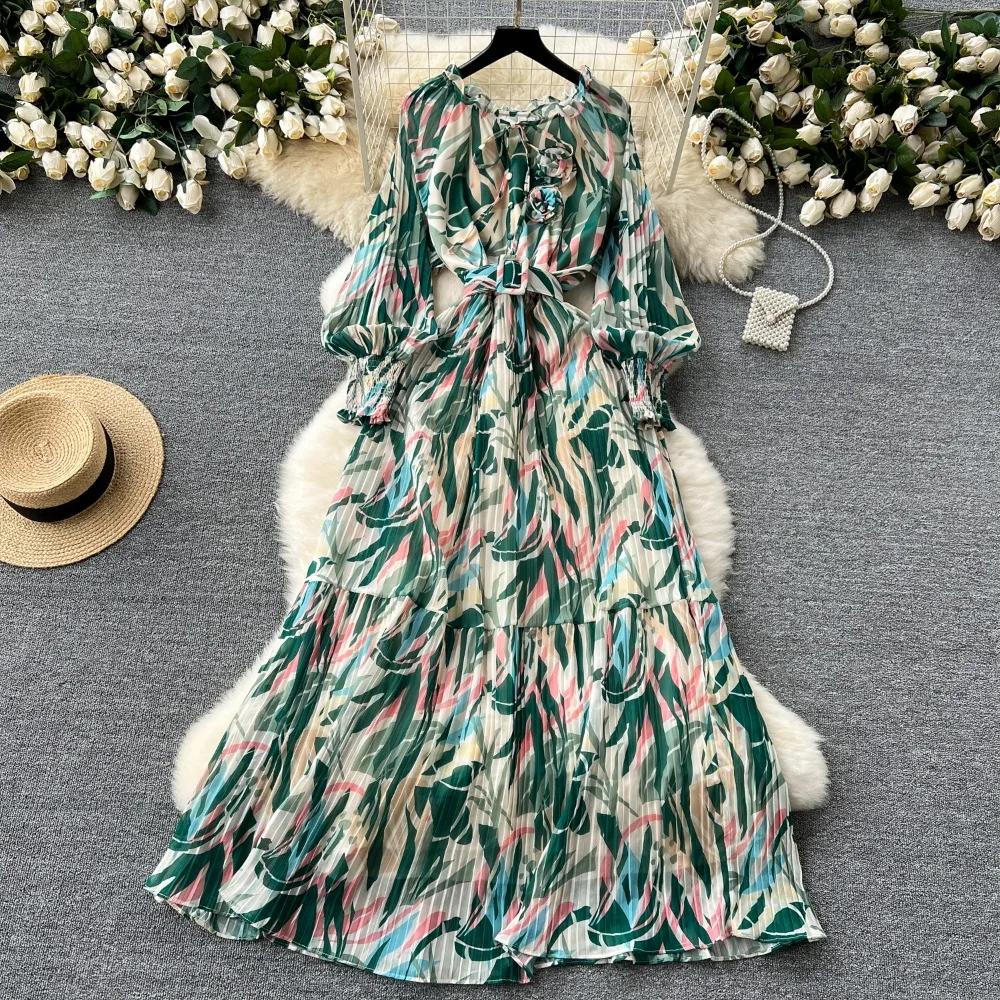 

Плиссированное платье на шнуровке с круглым вырезом, женское темпераментное элегантное платье с длинными рукавами, новинка 2024 года, шикарное винтажное платье с тонкой талией и принтом, Vestidos Mujer One Size