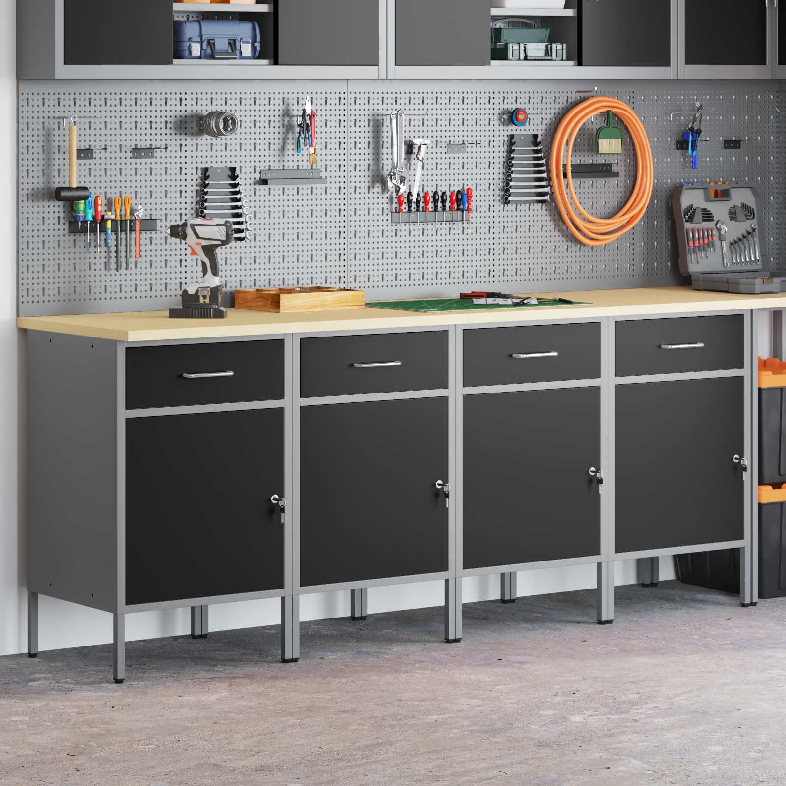 Werkbank mit Schubladen 4 Stück Schwarz und Grau 200 x 55 x 85 cm