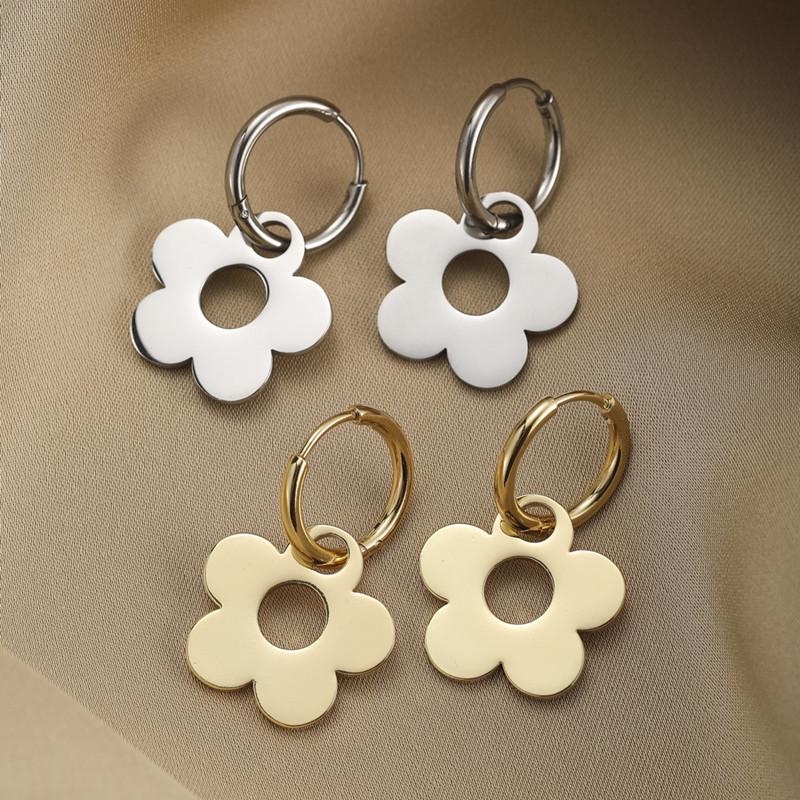 Stainless Steel Earrings Cute Cartoon Flower Pendants Korean Fashion Hoop Earrings For Women  Best Friend Wedding Gifts