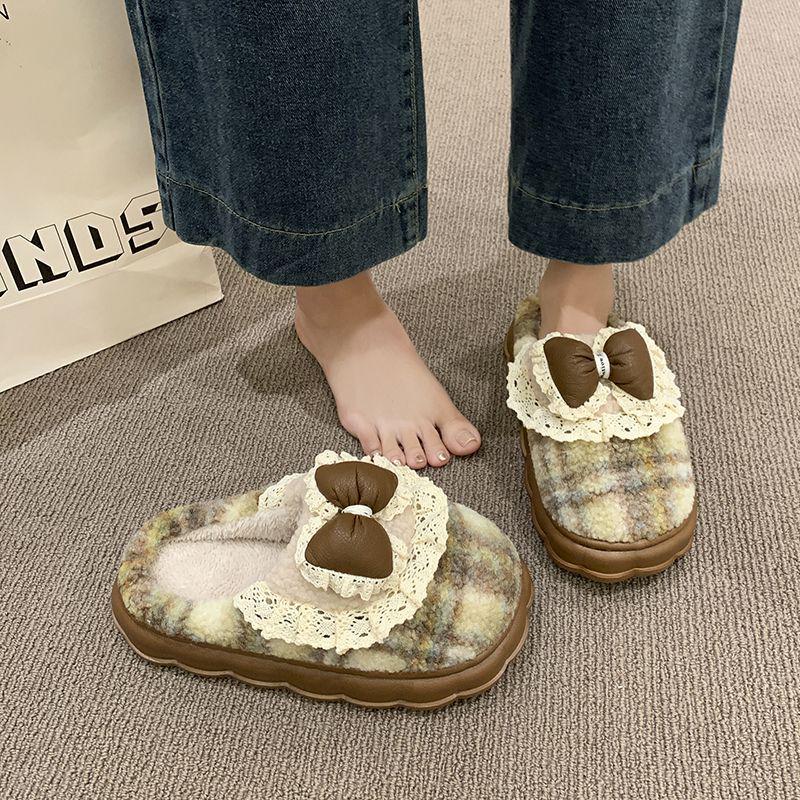 Women's Cotton Slippers Autumn/Winter 2025: Korean Style with Lace Bow, Thick Non-Slip Sole, Warm for Indoor Use.