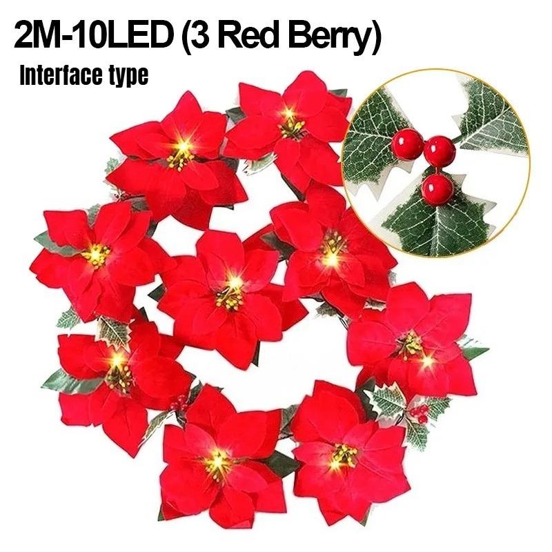 2M 10LED/3.5M 10LED Christmas Poinsettia Garland Poinsettia Velvet Artificial Poinsettia Garland String Lights for Christmas Tree Decor