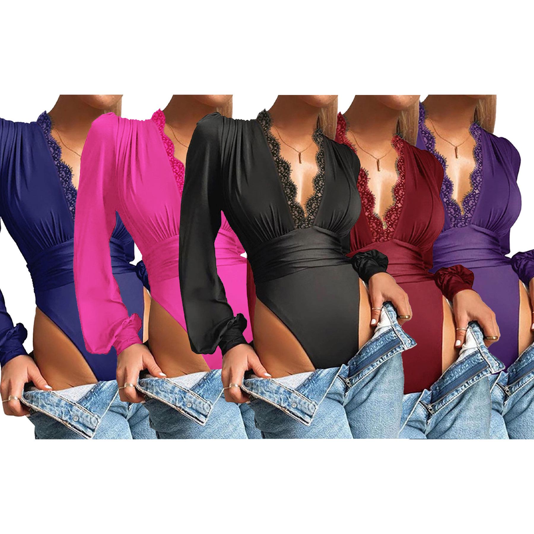 

Solid Color Deep V-Neck Lace Trim Slimming Women s Bodysuit M синій