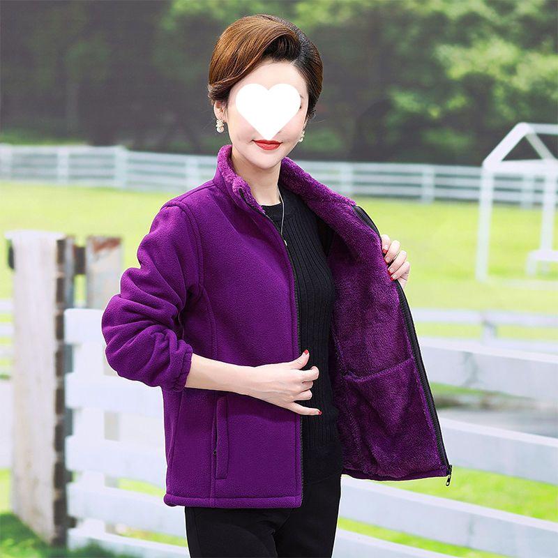 Mid Age Polar Fleece Jacket Women Stand Collar Winter Plush Lined Thick Warm Plus Size Womens Clothing Mom Wear Cardigan Hoodie