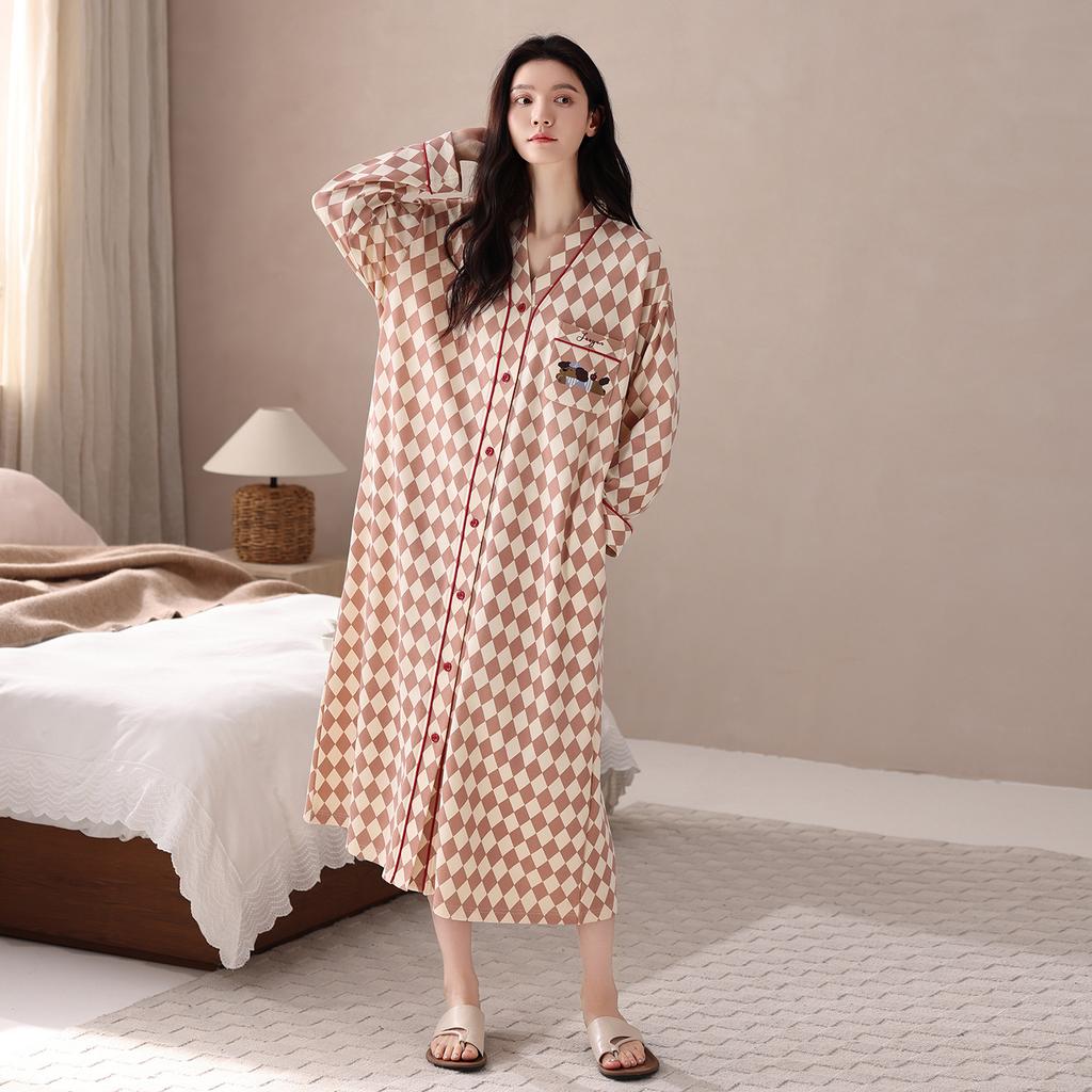 Pure Cotton Nightgown Women'S Spring And Autumn Cartoon Cute Long-Sleeved Long Pajamas Skirt Can Be Worn Outside Loungewear
