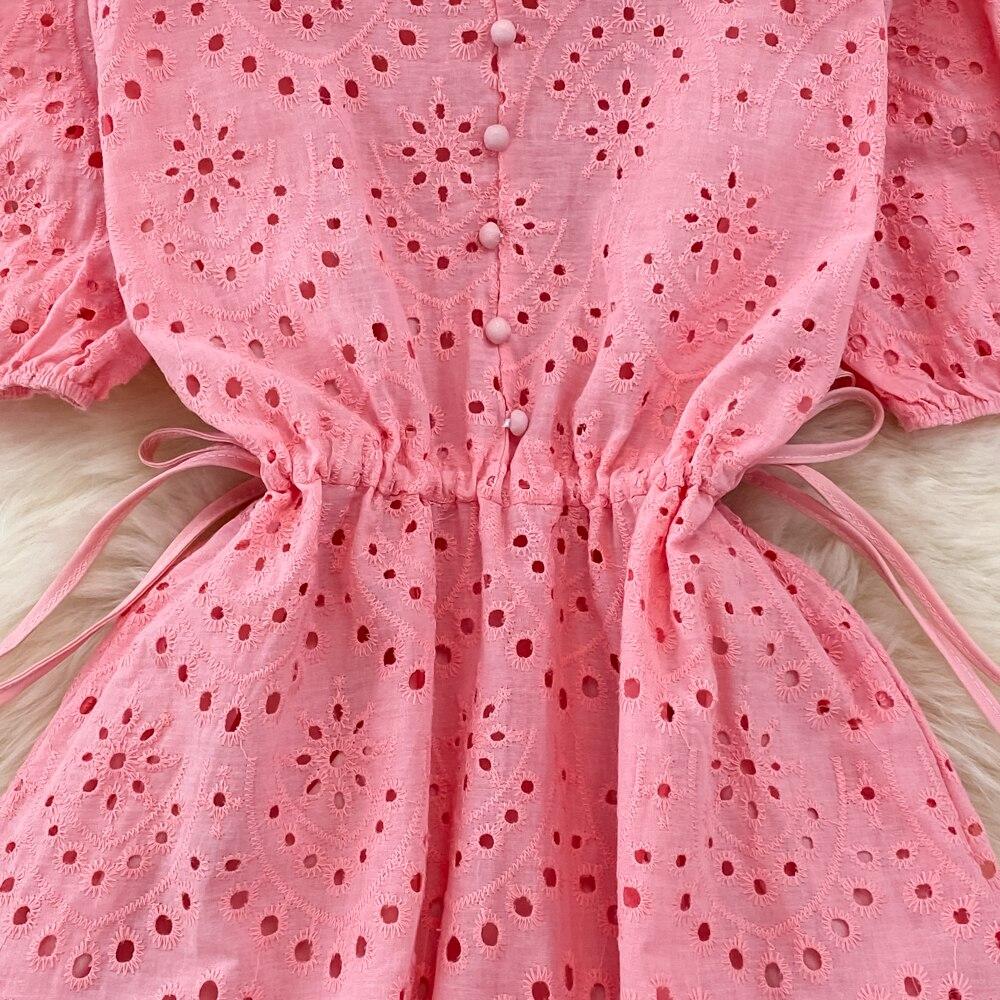 Summer Small Fresh Age-reducing Sweet Bubble Short-sleeved V-neck Hollow Embroidery Waist Tie Slim Dress Women