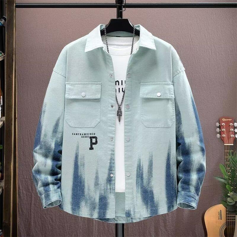 Men's White Gradient Denim Jacket Letter Print Casual Oversized Streetwear Coat