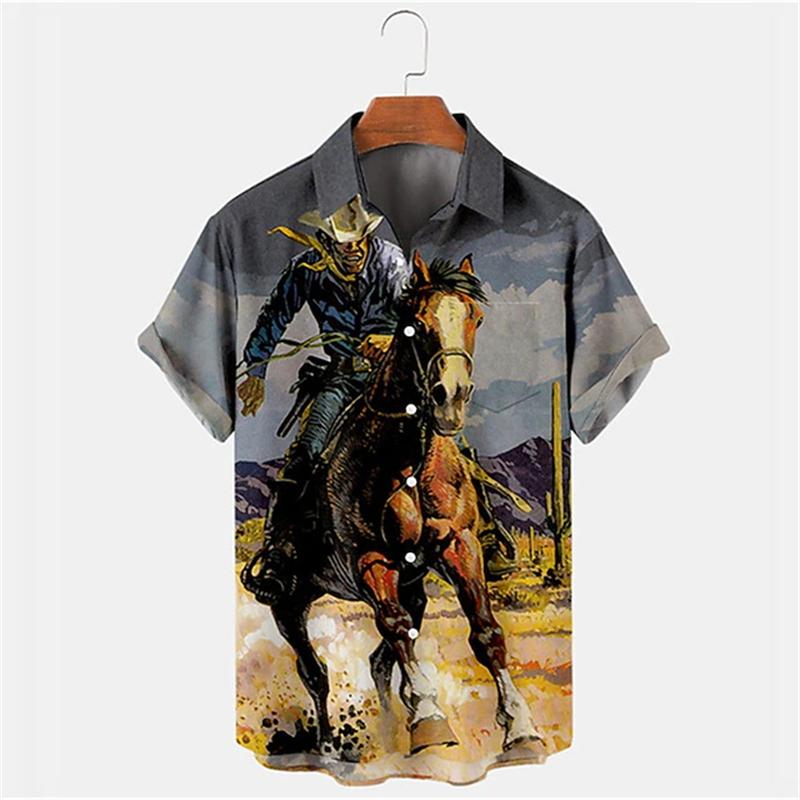 Vintage Men's Shirts Casual Retro Cowboy Poster Shirts 3D Print Turndown Collar Shirt Short Sleeve Shirt Summer Shirts For Men