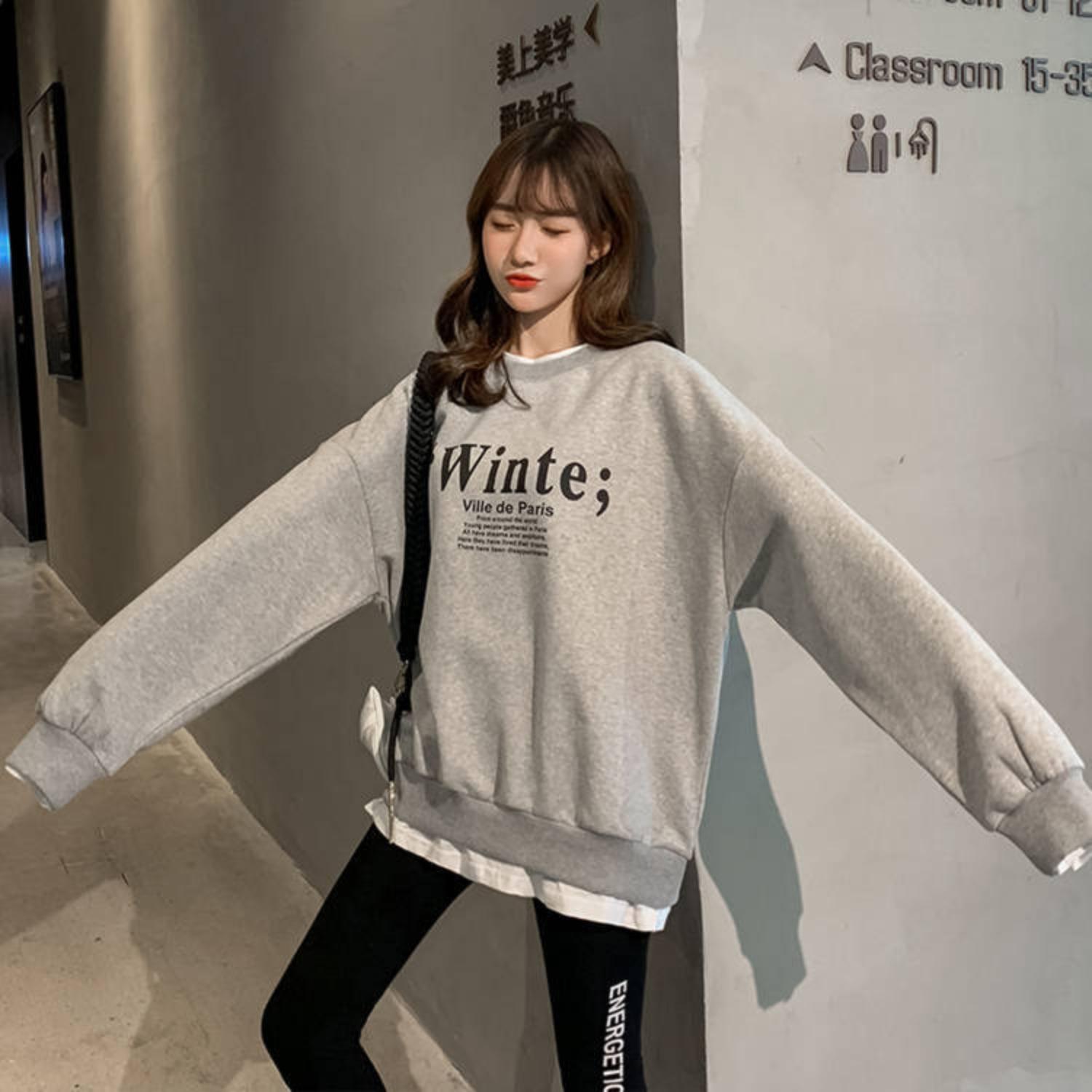 Women s Crew Neck Long Sleeve Letter Print Hoodie Top Casual Loose Sweatshirt M