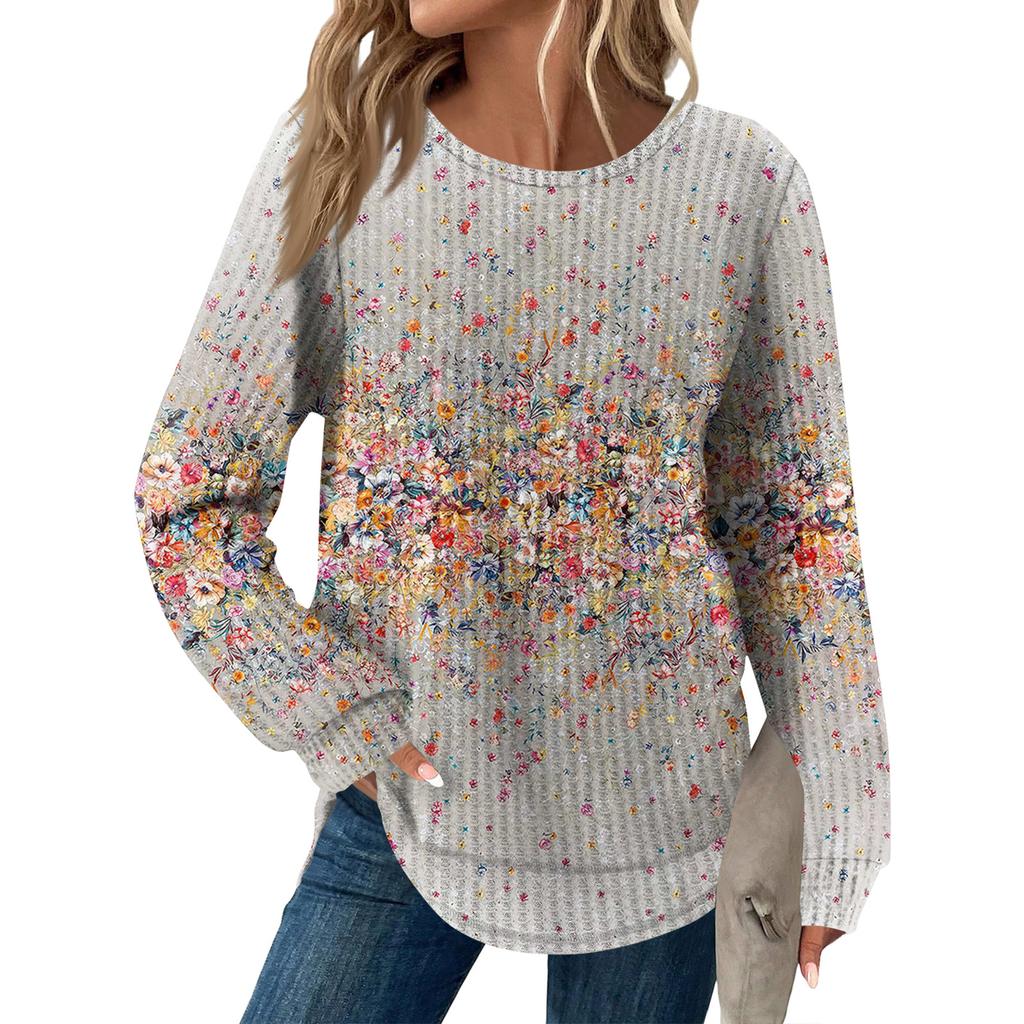 Women's Fashion Long Sleeve Floral Loose Long Sleeve Round Neck Casual Top