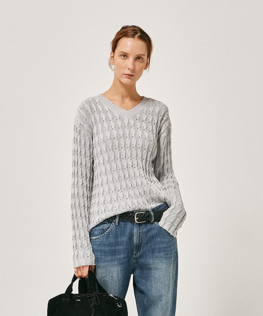 LABELARCHIVE W Tobi Cable V-Neck Sweater Cement Gray