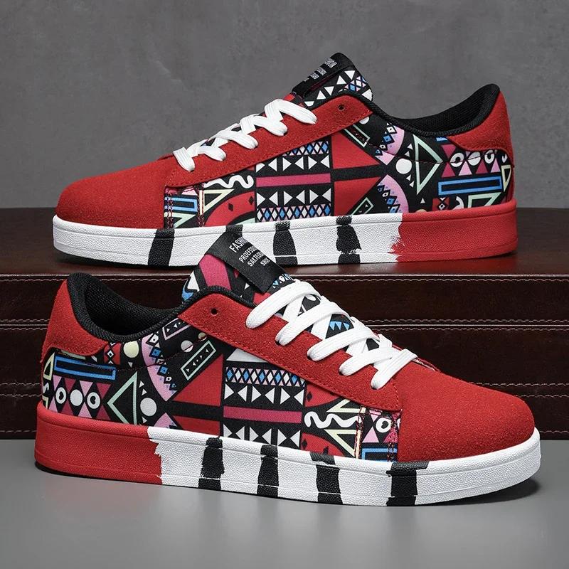 

Fashion New Men s Sports Running Shoes Canvas Geometric Style Lace-Up Sneakers Couples Fashionable Graffiti Print Skate Shoes Men 36 красный
