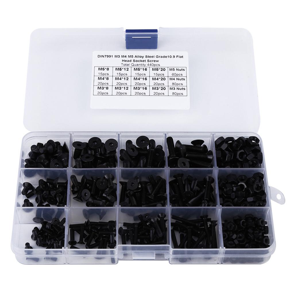 440pcs Alloy Steel M3 M4 M5 Hex Socket Flat Head Screw Nut with Plastic Case