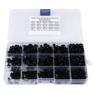 440pcs Alloy Steel M3 M4 M5 Hex Socket Flat Head Screw Nut with Plastic Case