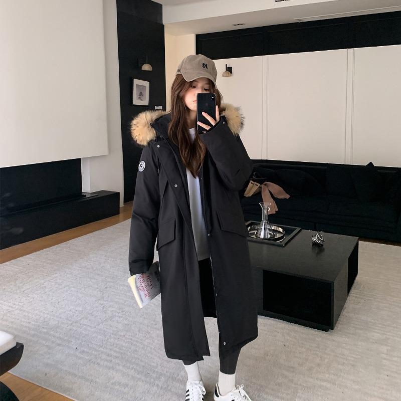 Long over-knee big fur collar pie overcomes women's new loose thickened cotton-padded tooling jacket