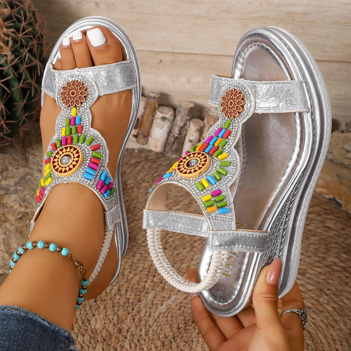 

Fashion Ethnic Wedge Sandals Women s 2025 Summer New Beach Platform Non-slip Beaded Roman Shoes 36