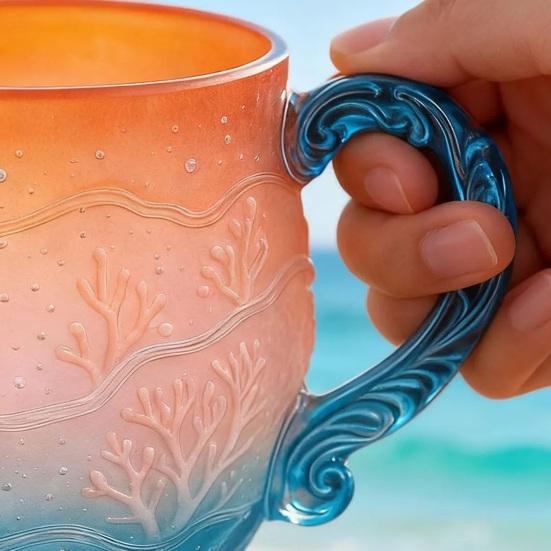 Yousheng Ocean Sunset Glass Mug Gradient Coffee Cup with Wave Embossing 350ml Large Capacity Beverage Cup Holiday Gift for Beach Lovers