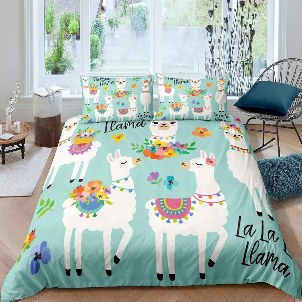 Alpacka Påslakan Queen King Size Tecknad Alpacka Sängkläder Set Lämpligt för Barn Tonårsflickor Sött Djurtryck Täckeöverdrag 3 Delar