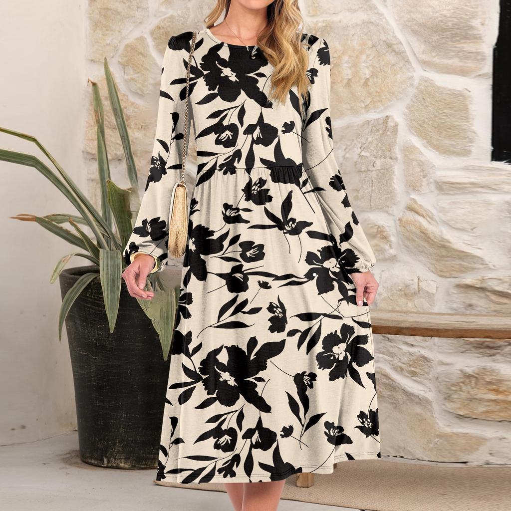 Women's Fashionable Loose Retro Printed Round-neck Dress
