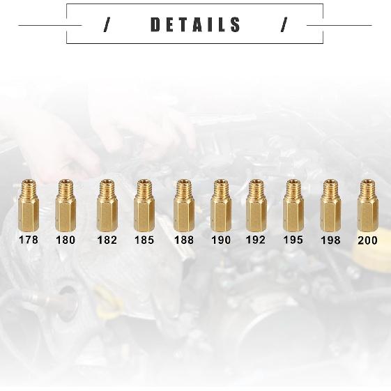 Motoforti Universal Motorcycle Carburetor Jets Main Jets Nozzles, 178 180 182 185 188 190 192 195 198 200, Durable, Metal, Gold Tone, 10pcs