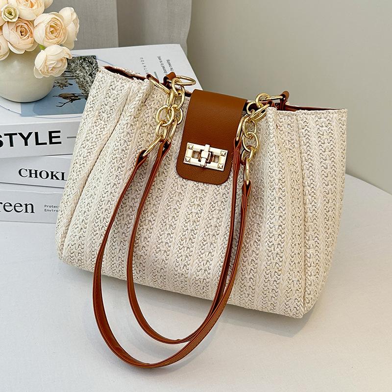 Straw bag women's new fashion lock woven shoulder bag summer popular tote bag one