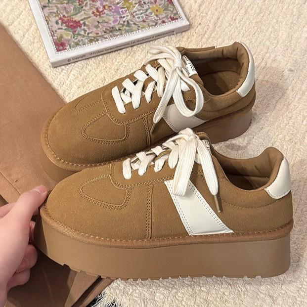 Retro matte leather thick-soled color matching German training shoes women's autumn and winter fashion lace-up casual flat-soled sports shoes cotton s