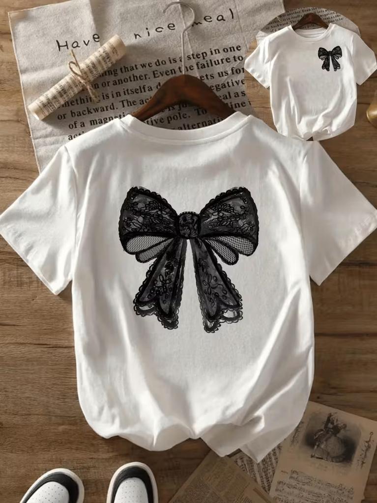 Retro Lace Bow Print Short Sleeve TShirt Loose Basic Tee For Unisex Outdoor Gathering Work Commute Weekend Outfit