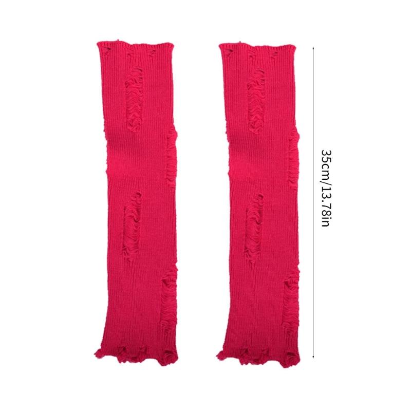 Japanese Punk Leg Warmers Women Solid Color Ribbed Knit Long Socks Y2K Distressed Ripped Boot Cuffs Leg Cover Streetwear
