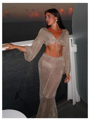 Einfarbig Sexy Strandbekleidung Badeanzug Cover-up Strick Zweiteiler 2025 Sommer Damen Große Glockenärmel Schnür-Top Langer Rock Set K128